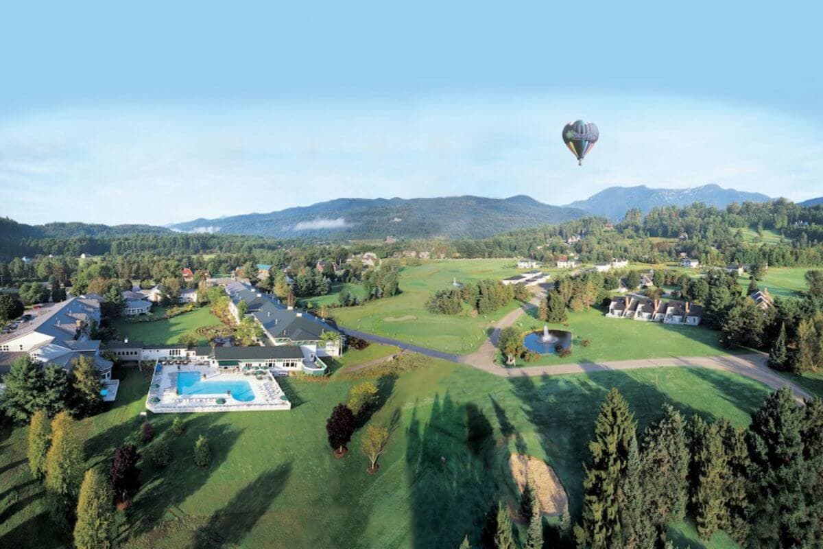 aerial view of the stoweflake mountain resort in stowe vt