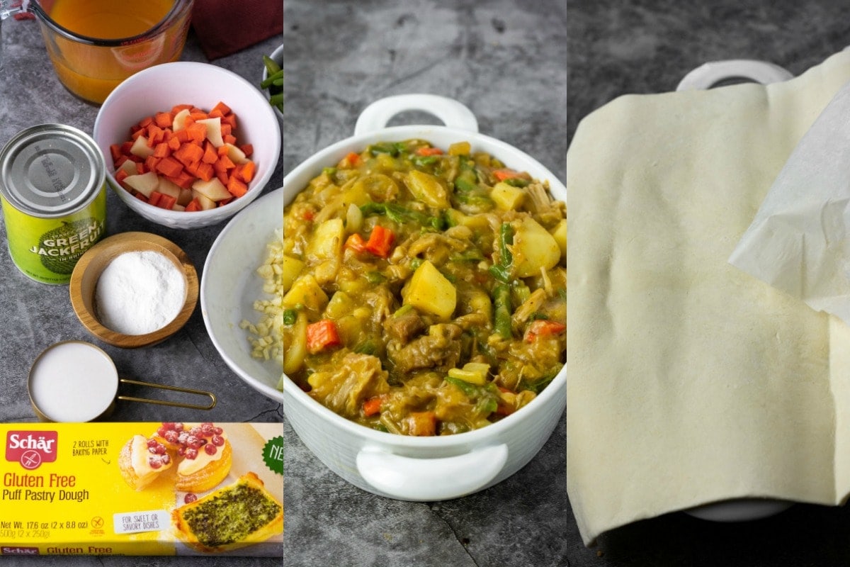 Vegan pot pie steps, ingredients, cooked filling in a white casserole and puff pastry covering