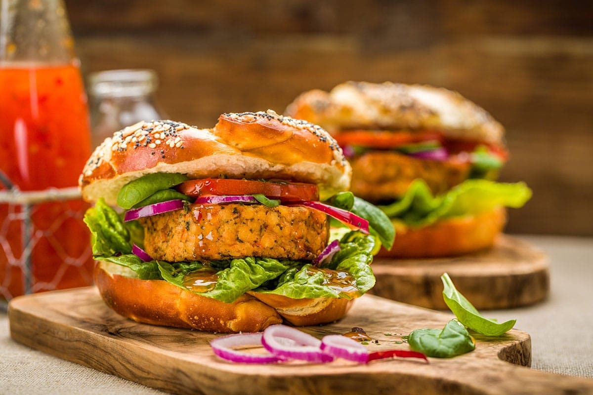 vegan burger on a cutting board