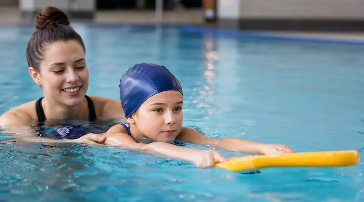 an school-aged child in water holding a kickboard with help of a swim teacher in 1:1 swim lesson, learning to swim in a clean swim pool in Wimbledon