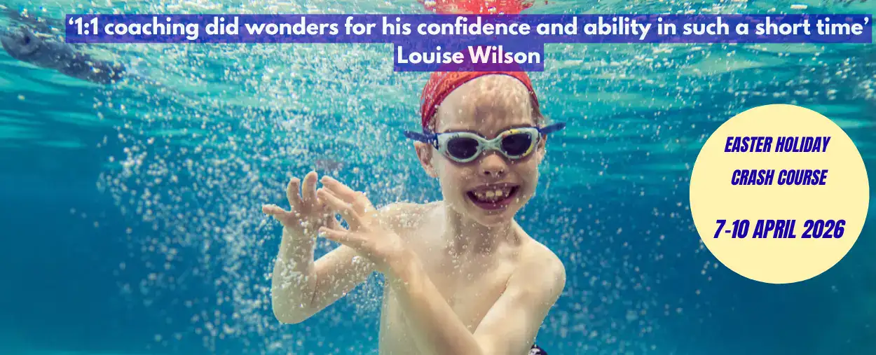A smiling young swimmer underwater wearing a red cap and goggles, featuring a 5-star review from Louise Wilson: "1:1 coaching did wonders for his confidence and ability in such a short time