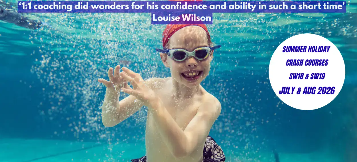 A happy, confident child swimming streamlined underwater with goggles during a 1:1 summer holiday swim crash course, designed for stroke correction and building water confidence for families in Wimbledon, Wandsworth, Putney, Fulham, and Kingston