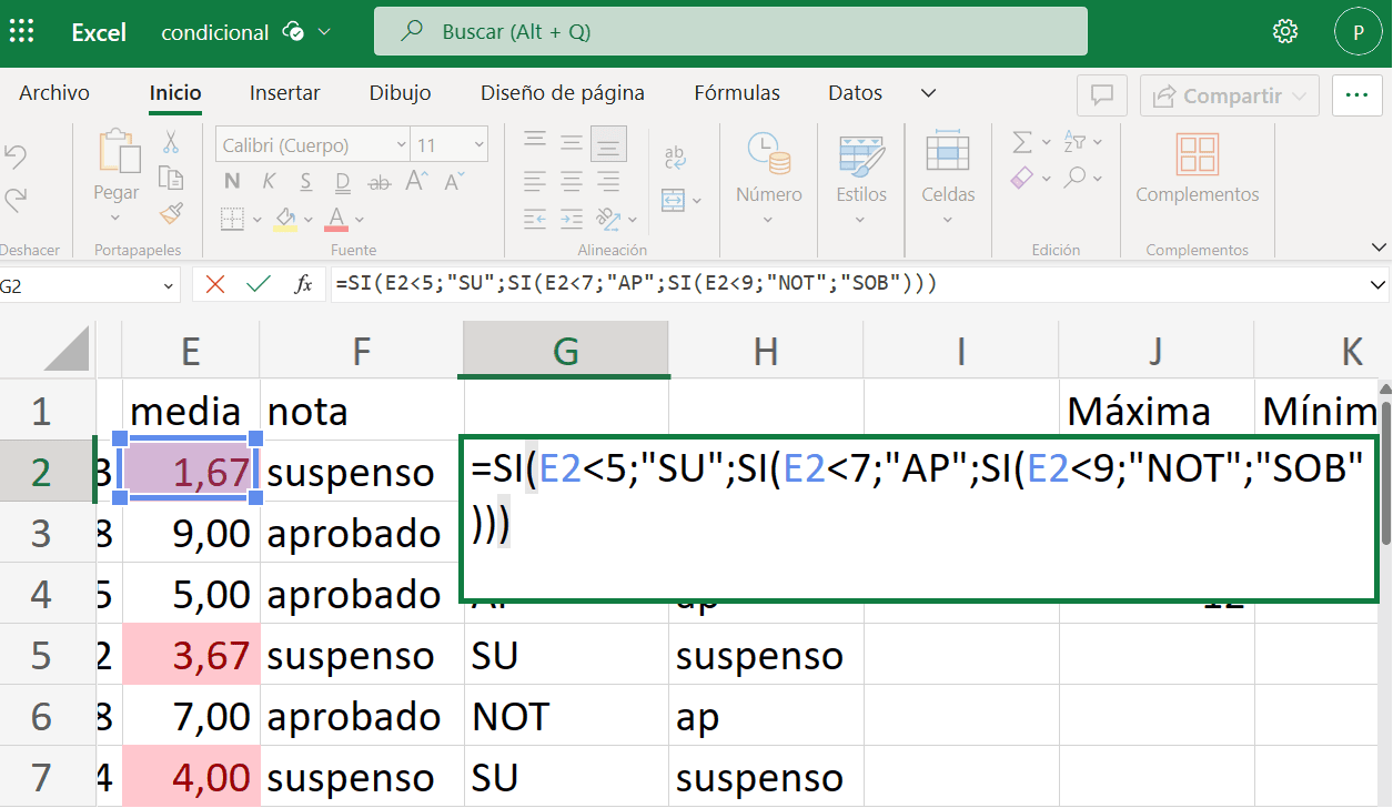 Condicional anidado en Excel 365