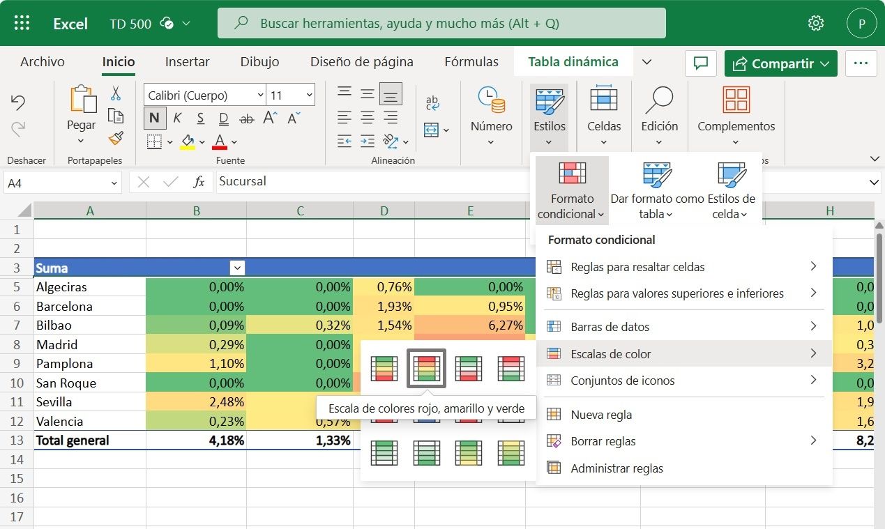 Mapa de calor en Excel 365 en la nube