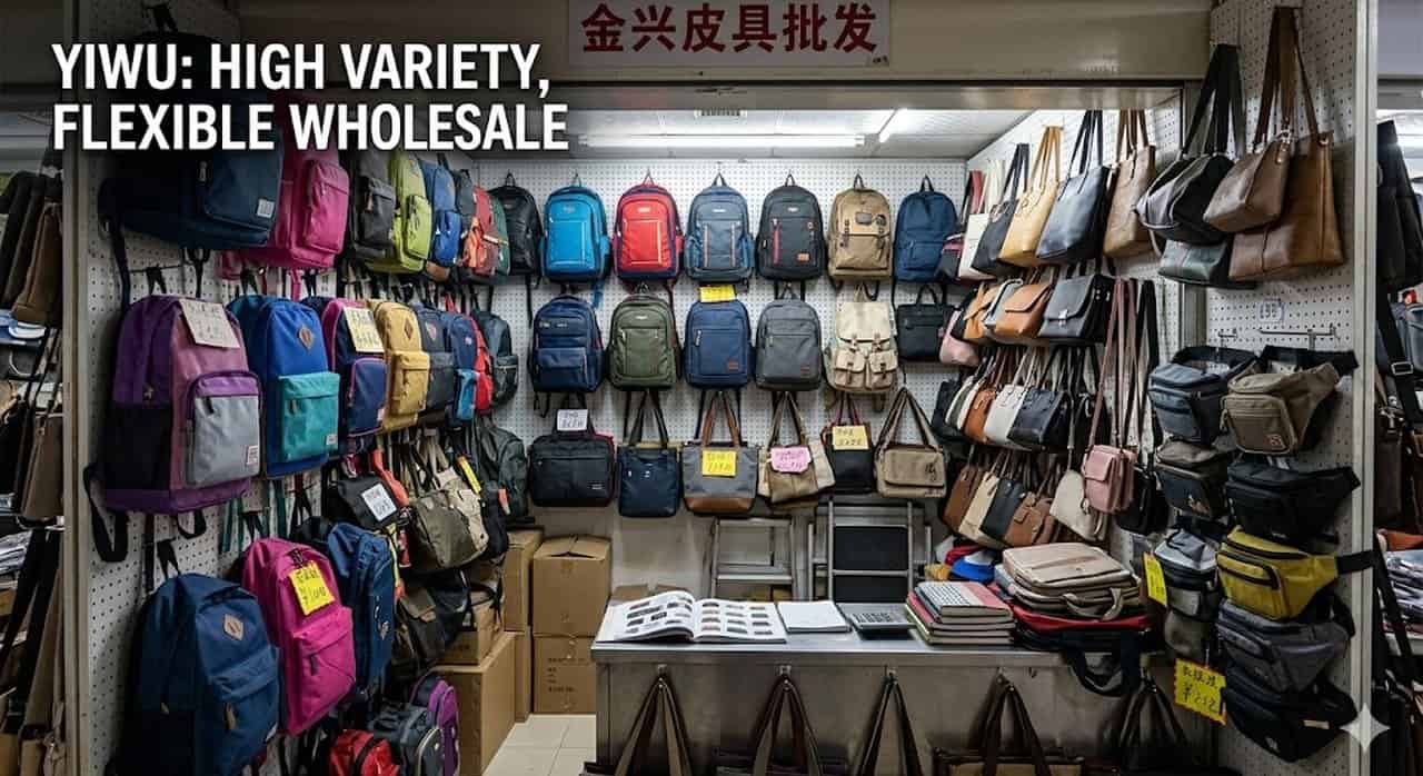 Cover image comparing Yiwu mixed wholesale variety and Guangzhou deeper bag specialization for wholesale bag buyers choosing where to source in China
