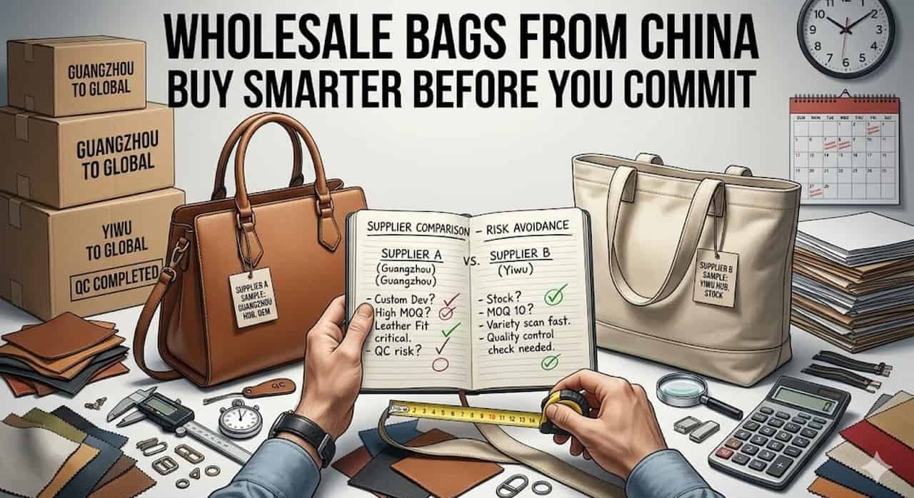Cover image for wholesale bags from China practical buyer guide showing serious sourcing decisions before choosing suppliers