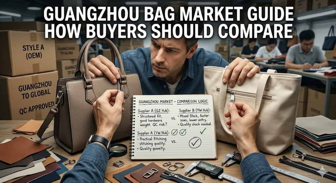 Cover image for Guangzhou bag market guide showing serious bag-market comparison and what overseas buyers should check in person