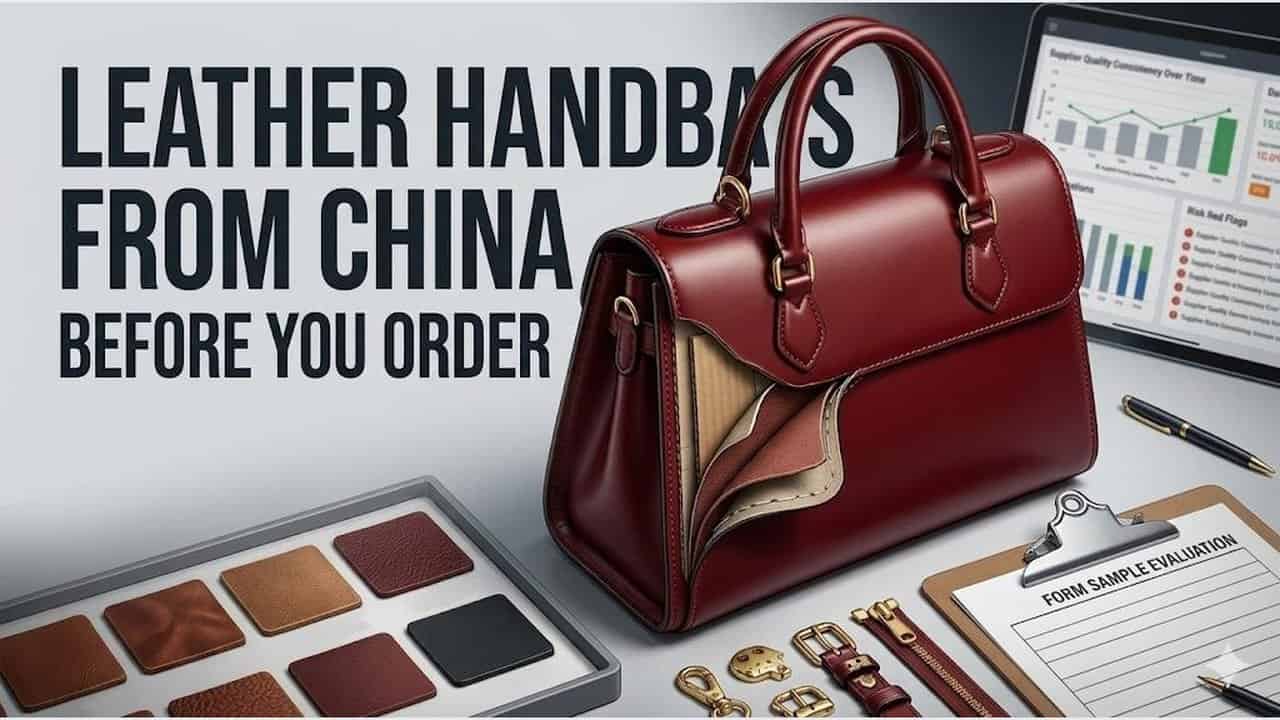 Leather handbags from China before you order cover showing premium leather handbag with material swatches and supplier evaluation context