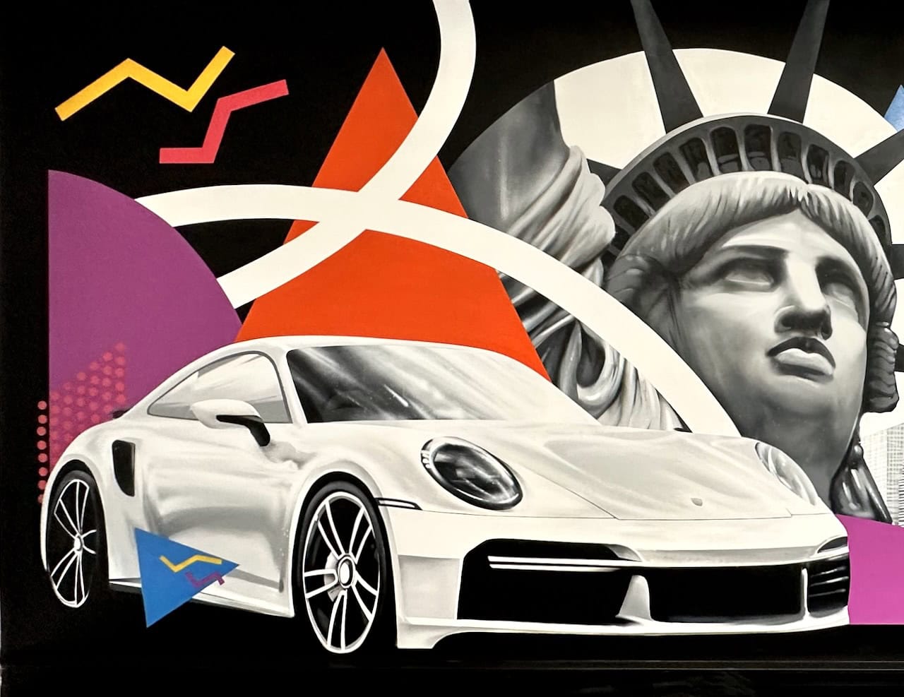 Détail de la Porsche 911 blanche peinte en réalisme à la bombe aérosol, fresque murale Norauto