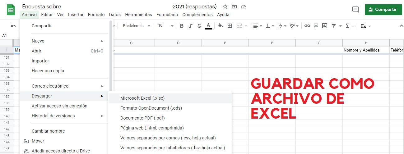 Guardar cuestionario como archivo .xlsx de Excel