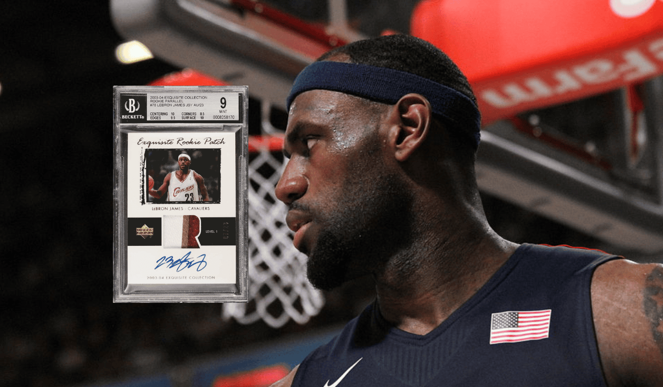 LeBron James depicted alongside his 2003-04 Exquisite Rookie Patch Auto Parallel card