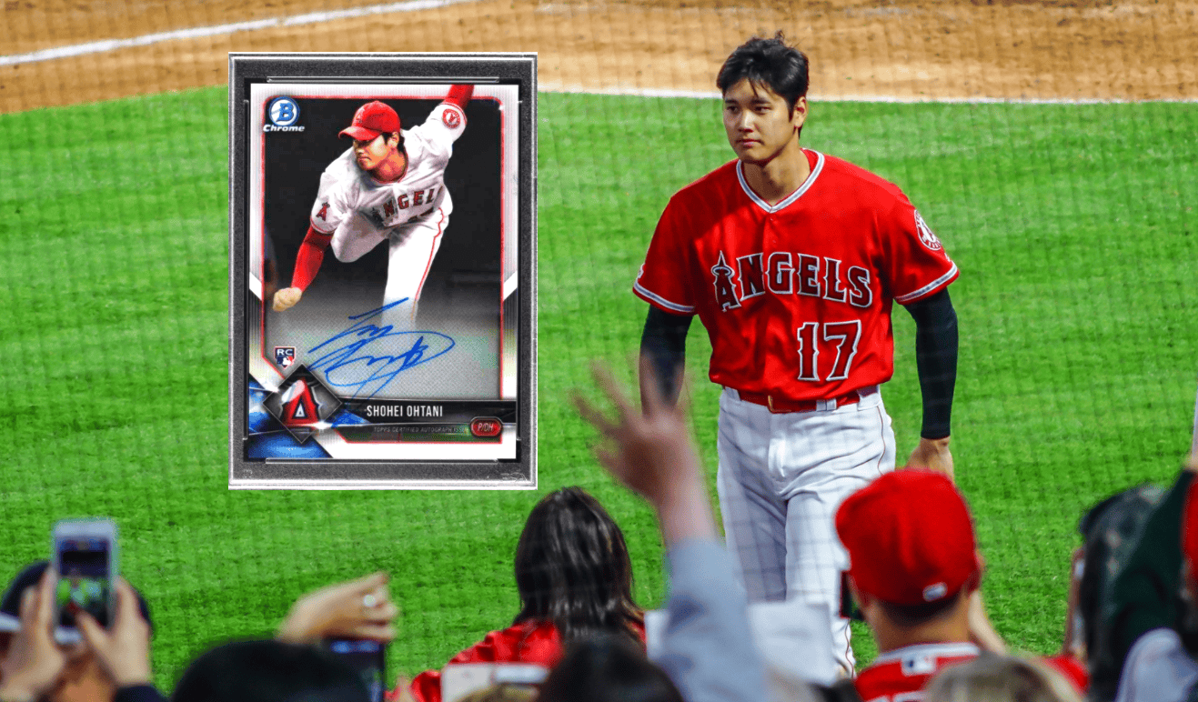 Depicting Angels star Shohei Ohtani next to his Bowman Chrome Base rookie card
