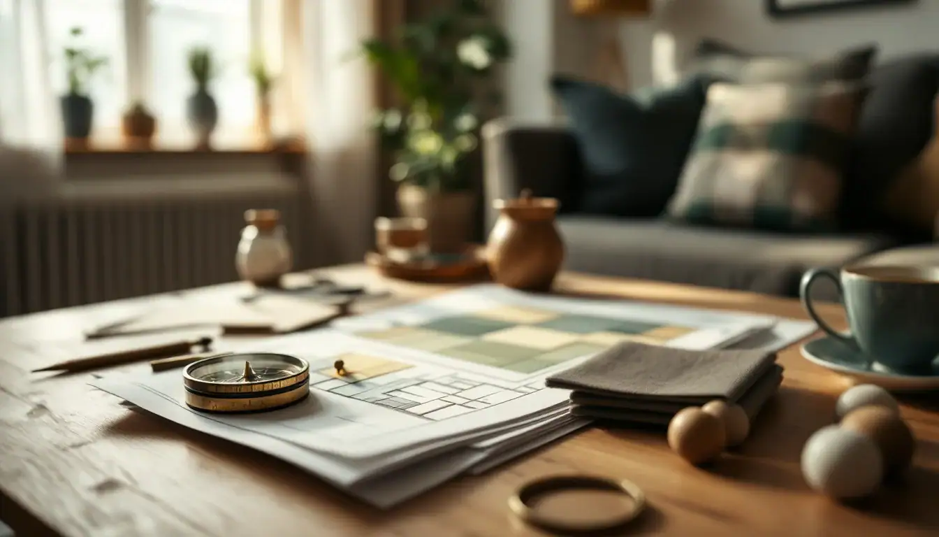 Floor plan, compass and notes on a table during a Vastu home consultation