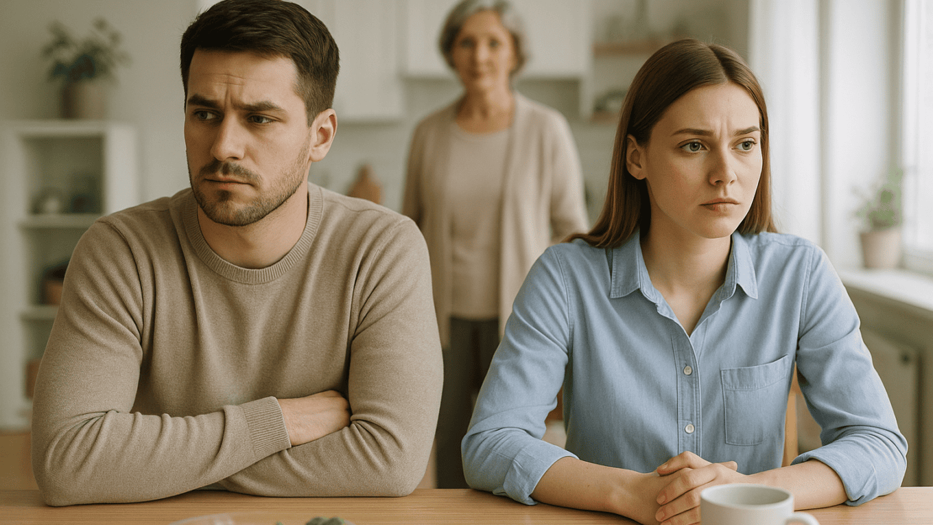 Man and woman sit at a kitchen table with serious expressions, an older woman stands behind them in a doorway.