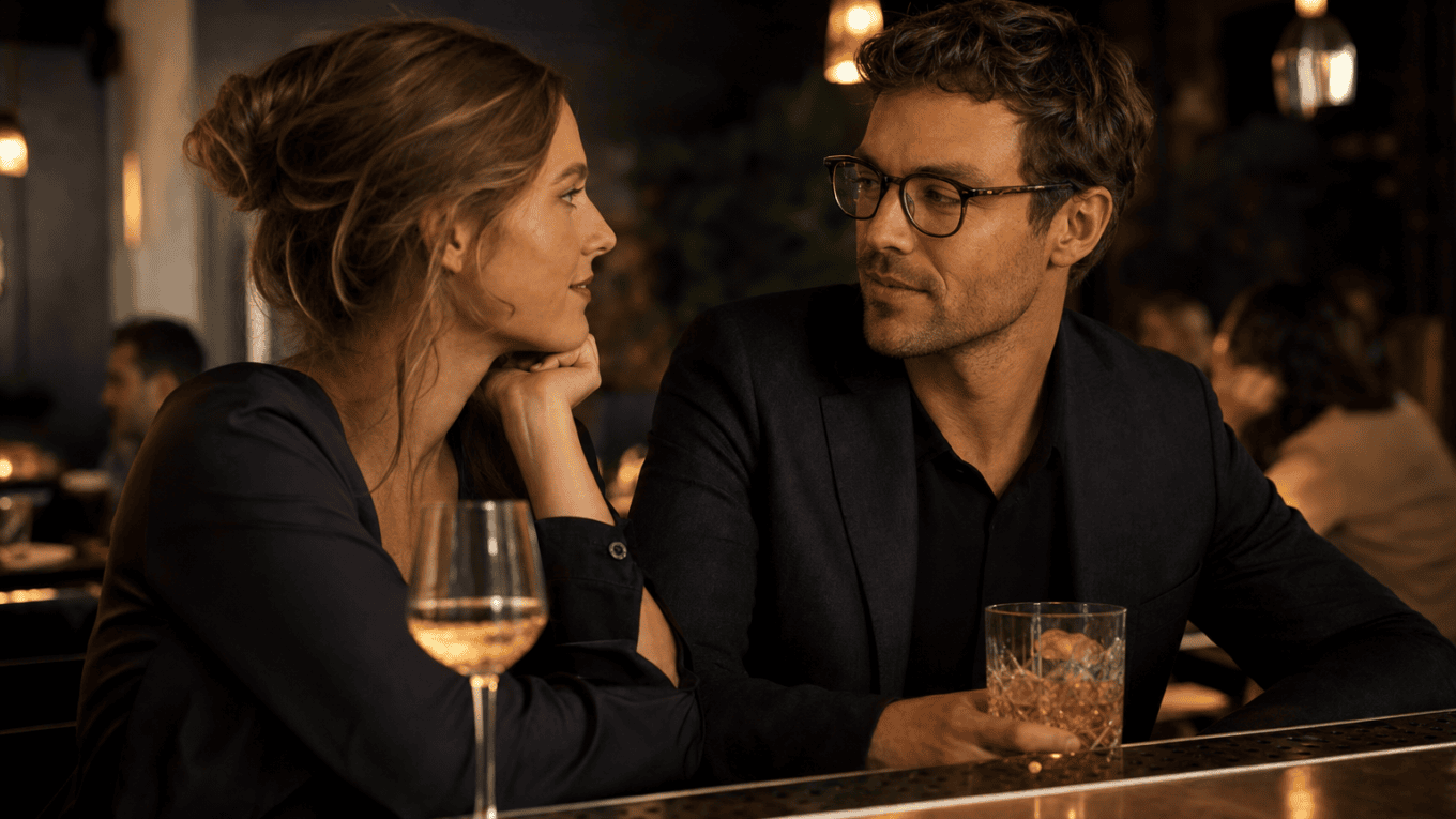Two adults sit at a bar, leaning toward each other and sharing a quiet, attentive moment over drinks at night.