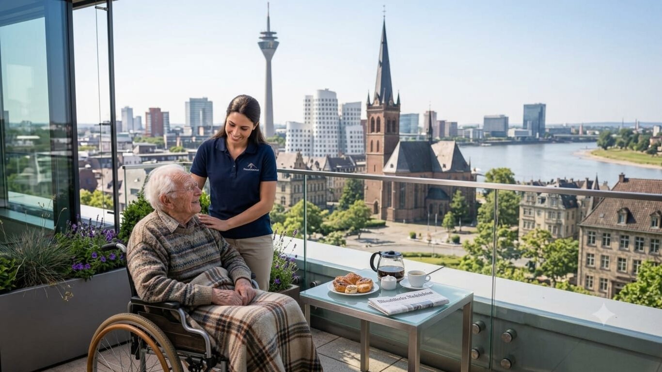 24-Stunden-Betreuung in Düsseldorf – Senior mit Betreuungskraft und Blick auf Rheinturm und Rhein
