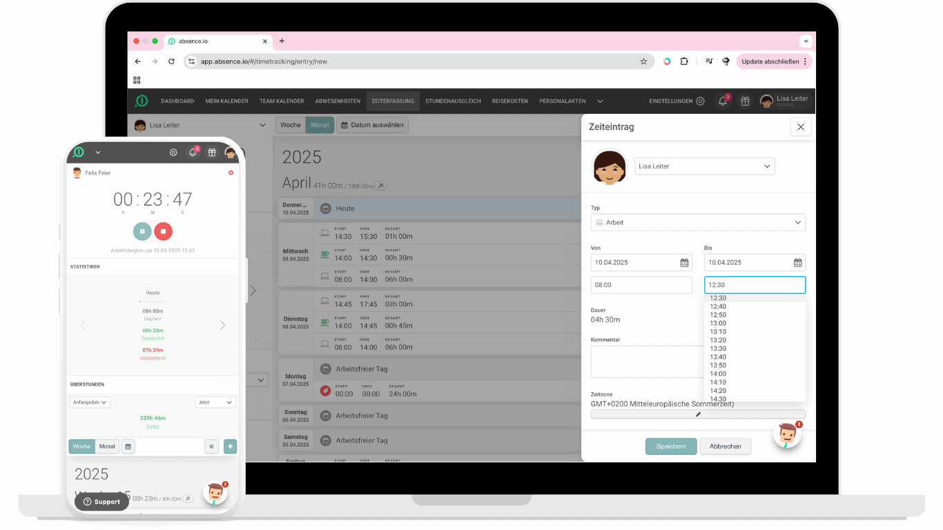 Die digitale Zeiterfassung von absence.io als Desktop- und Mobile-App. Auf einem Laptop sieht man ein Arbeitszeiten-Profil. Auf einem Smartphone sieht man die digitale Stoppuhr mit laufender Arbeitszeit.