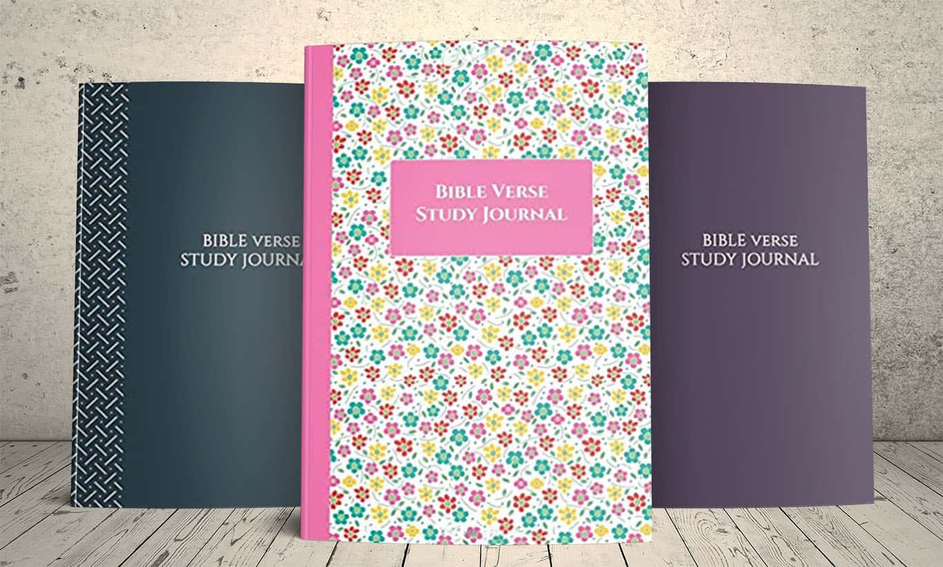 Bible Verse Study Journals | Navy, Floral, and Plum Designs for Faith and Reflection Three Bible verse study journals: a navy journal with a patterned border design, a floral journal with a pink spine and colorful flower pattern, and a plum-colored journal with elegant lettering. Perfect for Bible study, note-taking, or daily reflections.
