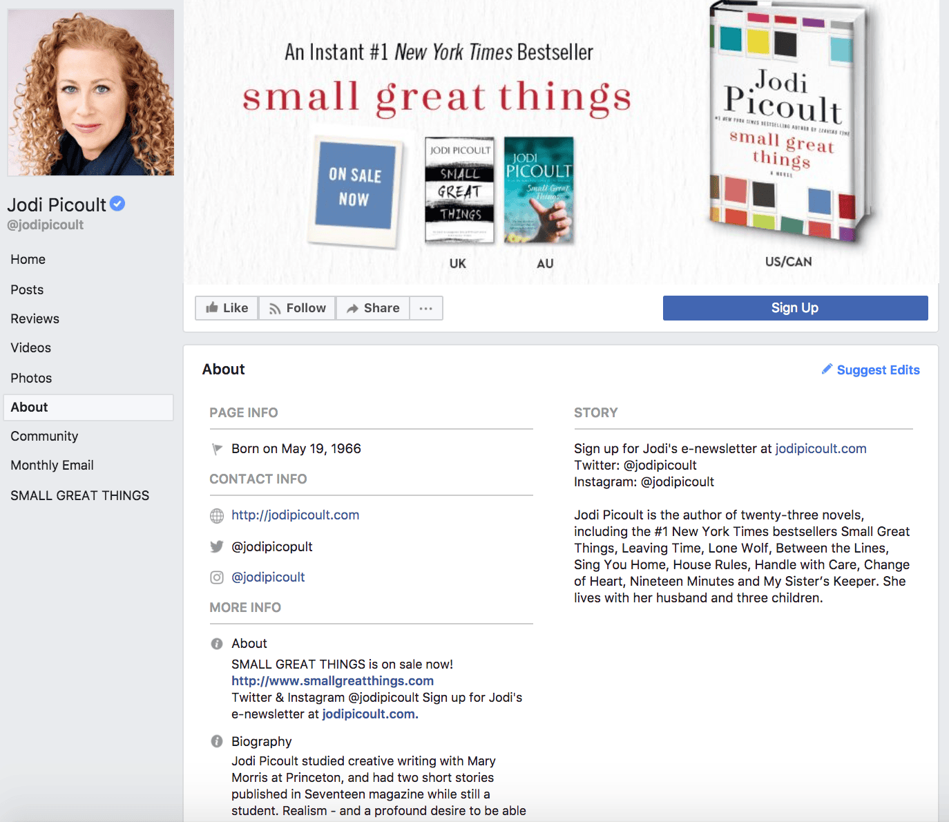 Author Jodi Picoult Facebook About Page