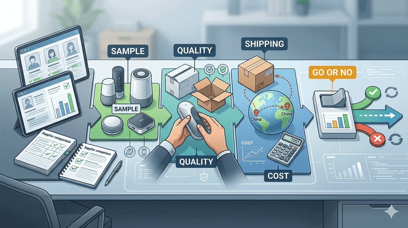Editorial illustration showing the workflow for testing dropshipping products before scaling including supplier shortlist sample comparison quality and packaging checks shipping and delivery review cost validation and final go or no go decision