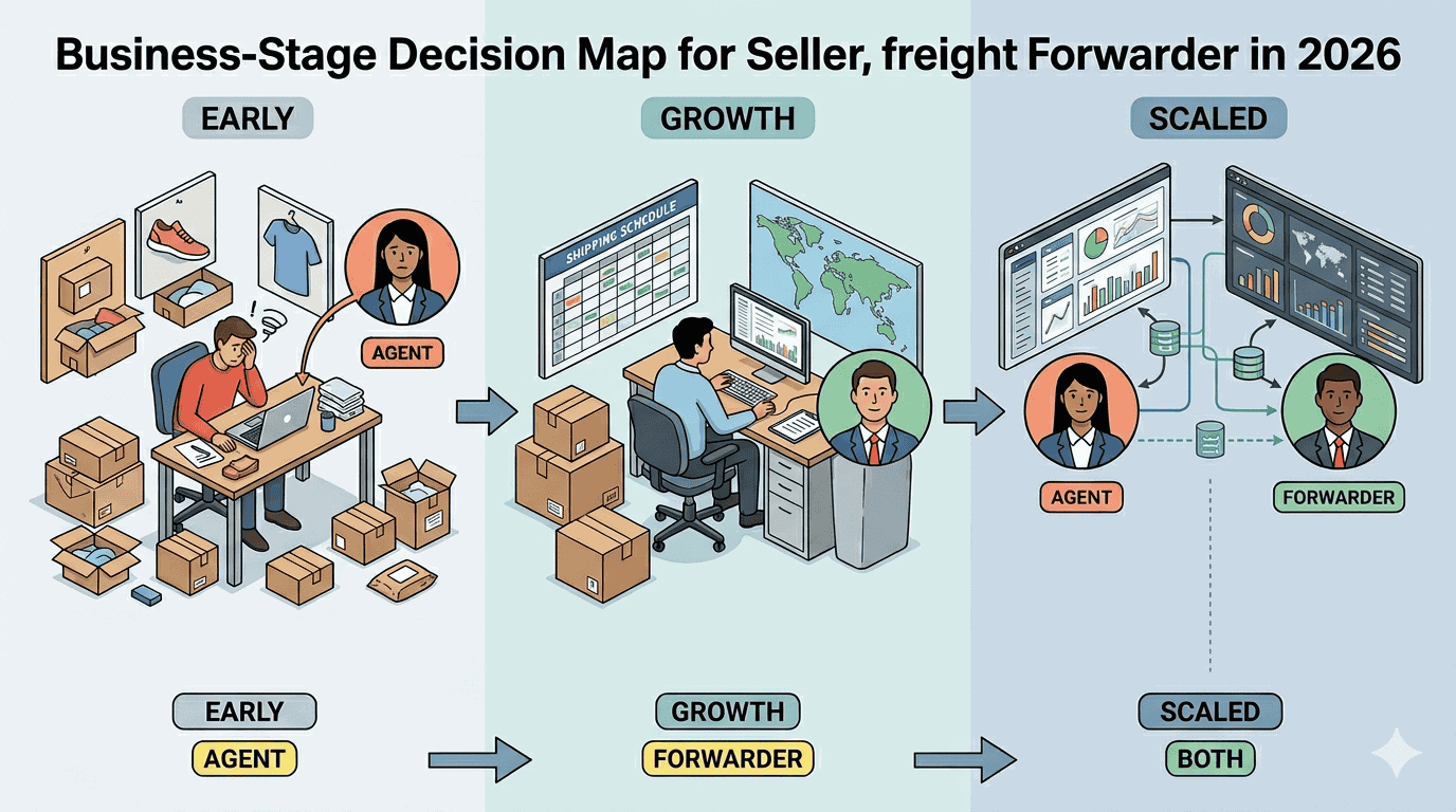 Editorial illustration showing when sellers should rely more on a dropshipping agent a freight forwarder or both together across early growth and scaled business stages