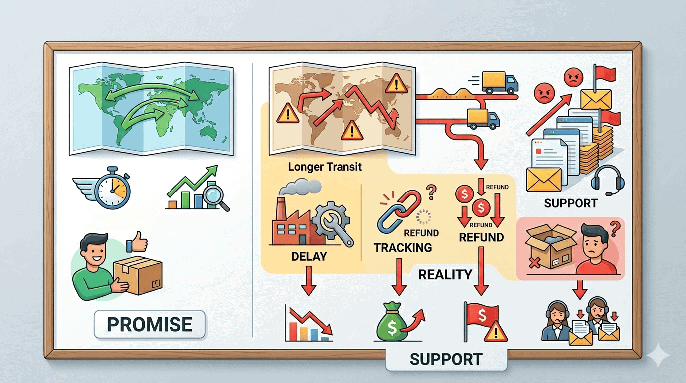 Editorial illustration showing the gap between promised delivery and real shipping performance in Shopify dropshipping from China including tracking delays packaging inconsistency supplier delays refund pressure and support workload