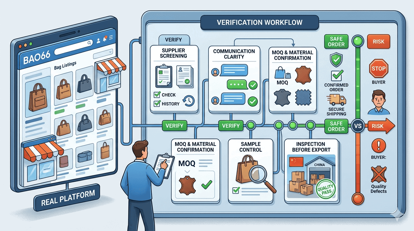 Editorial illustration showing that Bao66 is a real sourcing platform but a safe bag order still depends on supplier verification sample control China side receiving and inspection before export