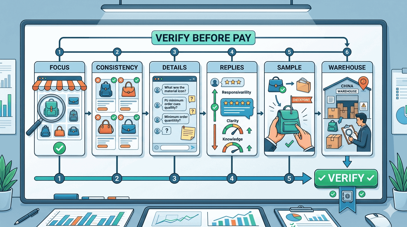 Editorial illustration showing a pre payment Bao66 supplier verification workflow covering bag store focus listing consistency detail questions reply quality samples China warehouse receiving and pre export inspection