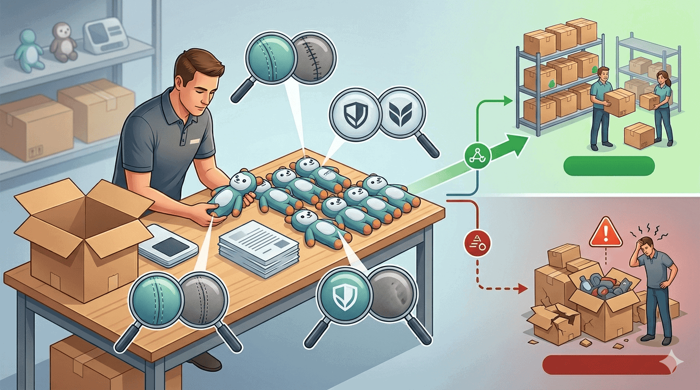 Editorial illustration showing sample checking as the first defense line between a clean shelf sample and a weak bulk order.