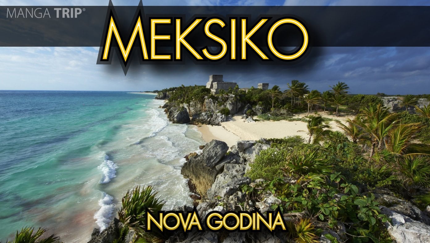 Ruševina majanskog hrama Tulum na litici iznad tirkiznog mora i peščane plaže, reklamna najava putovanja za Novu godinu