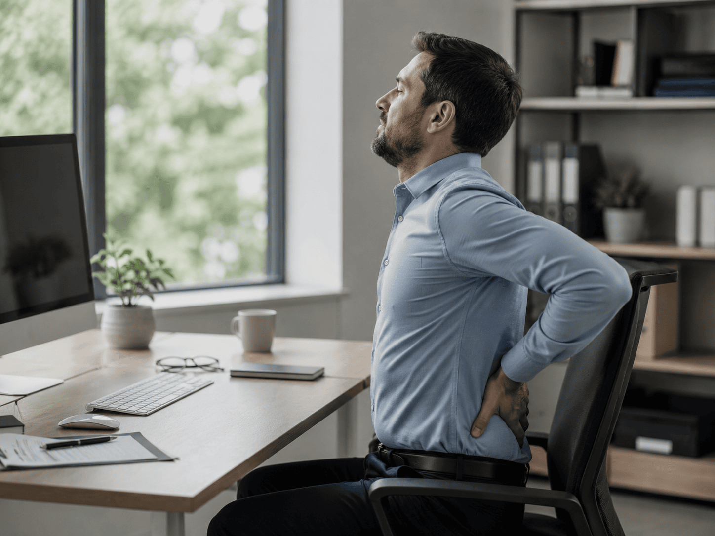 Office worker with lower back pain sitting at a desk