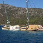 MUĞLA’NIN BODRUM İLÇESİNDE 36 METRE BOYUNDAKİ GULET, KAYALIKLARA VURUP YAN YATTI.