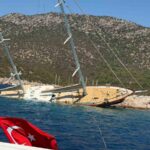 MUĞLA’NIN BODRUM İLÇESİNDE 36 METRE BOYUNDAKİ GULET, KAYALIKLARA VURUP YAN YATTI.