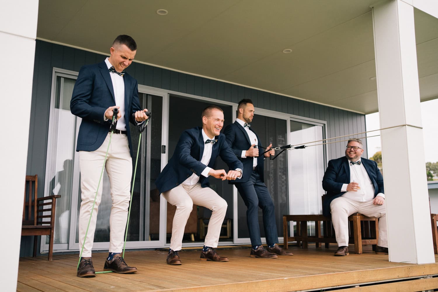 Groomsmen working out