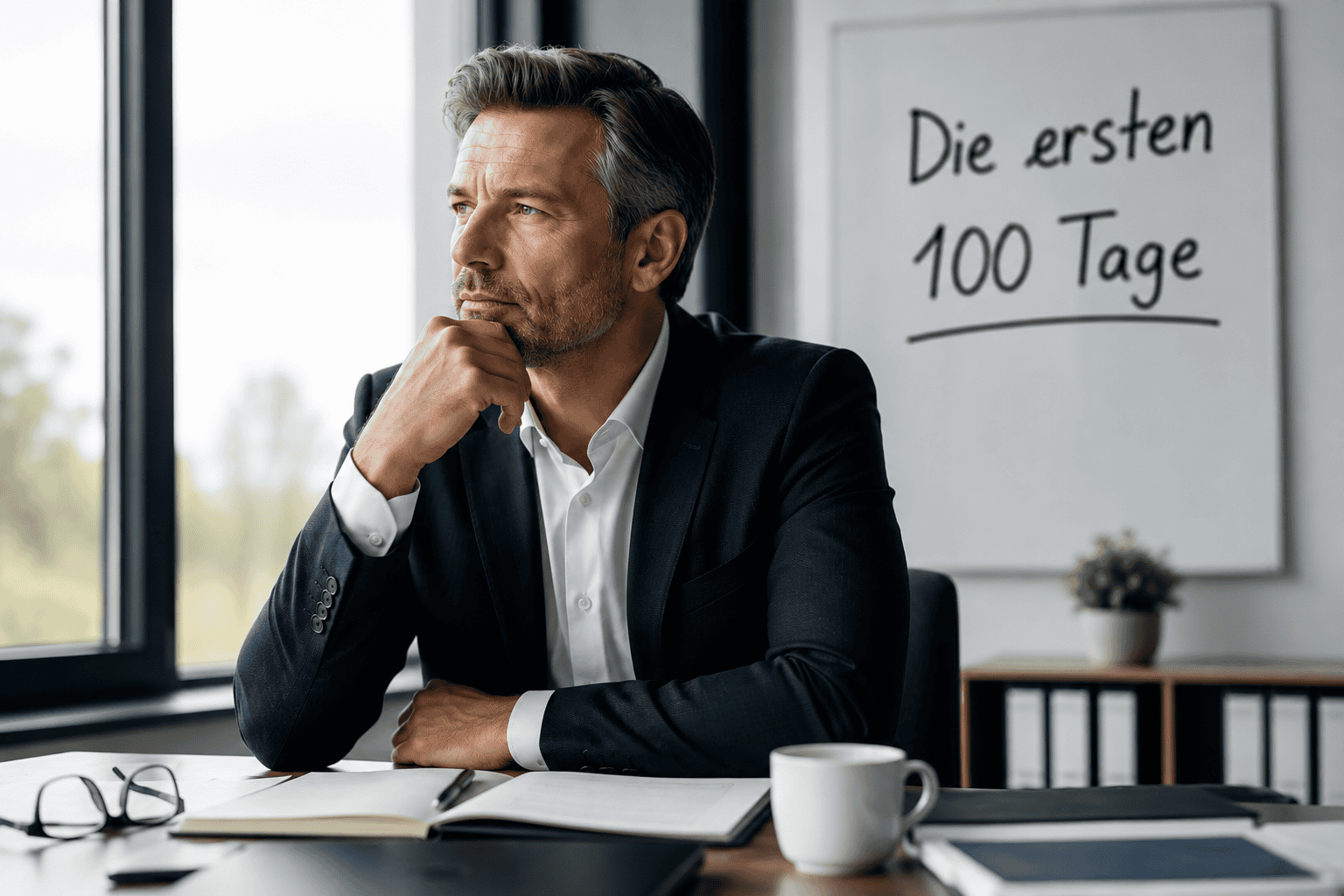 Geschäftsführer denkt in seinem Büro über die ersten 100 Tage seiner neuen Führungsaufgabe nach und plant den erfolgreichen Einstieg in das Unternehmen.