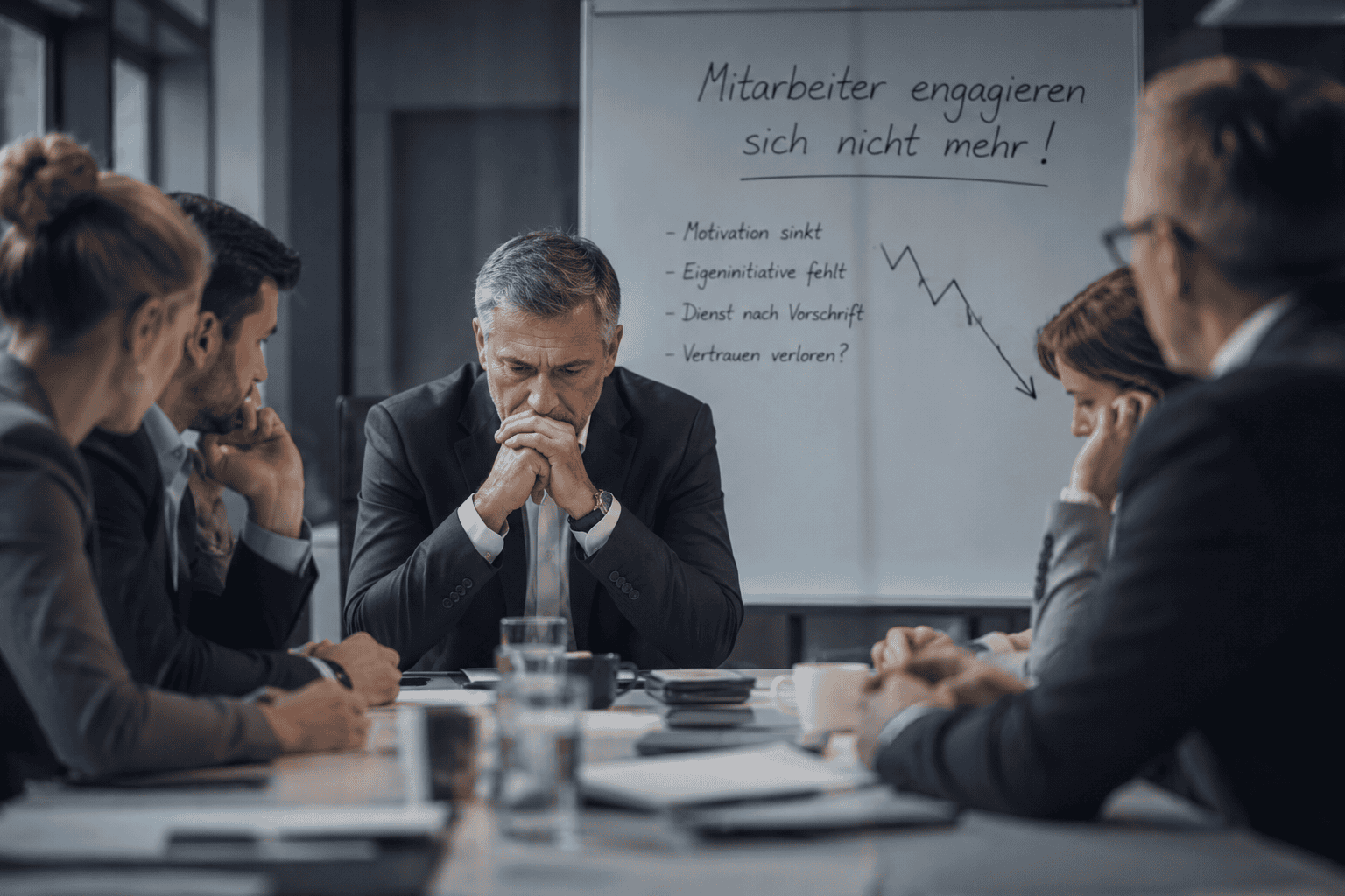 Mitarbeiter motivieren: Geschäftsführer und Führungskräfte beraten über den Verlust von Motivation und Vertrauen im Unternehmen.