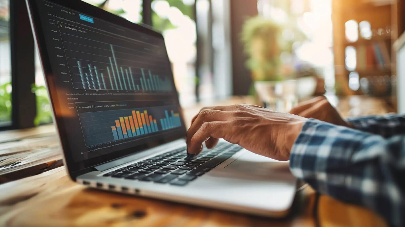 Person analysing website conversion rate data on a laptop, reviewing bar charts to improve B2B website performance.