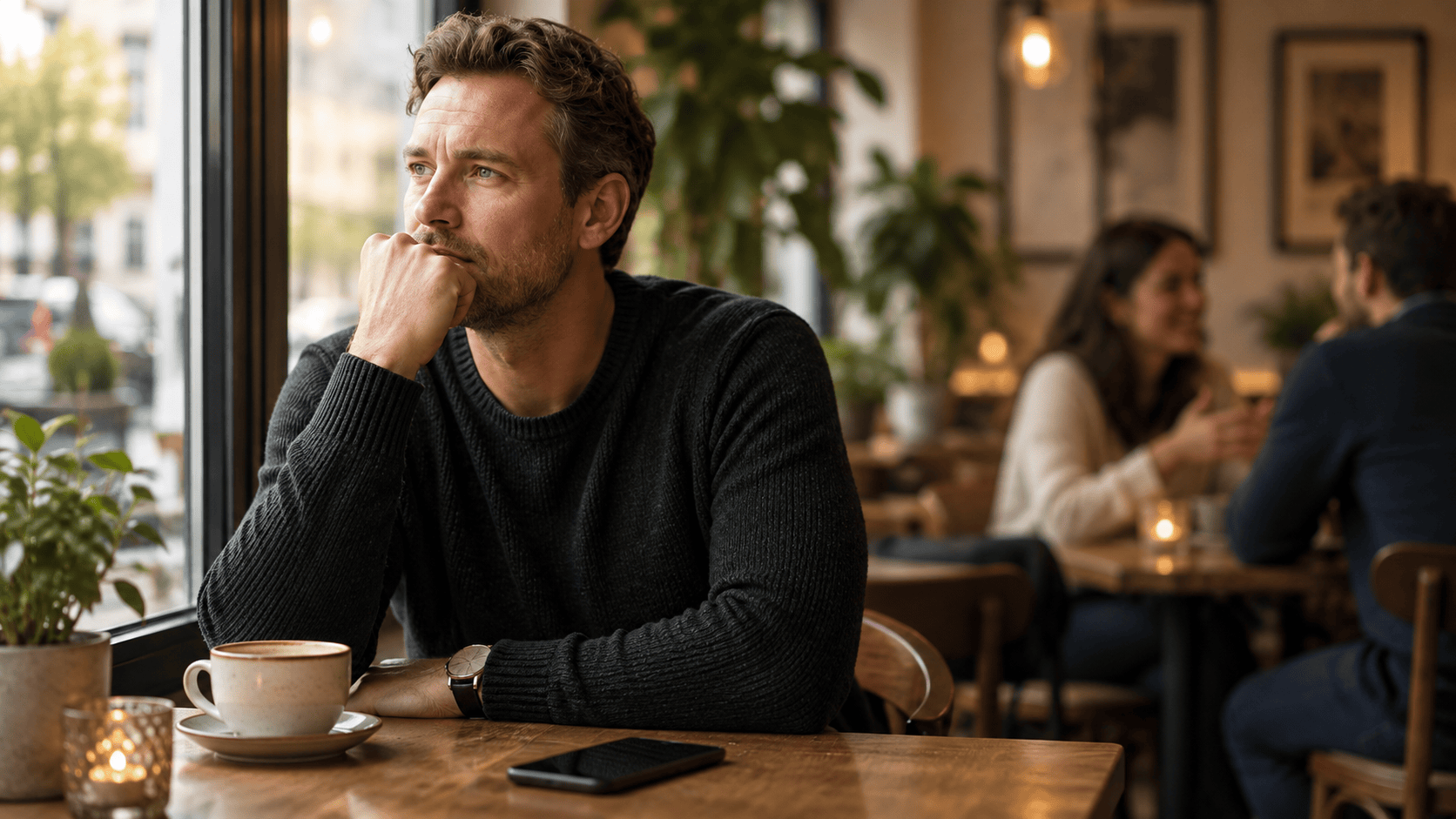 a thoughtful man thinking about his relationship in a café,