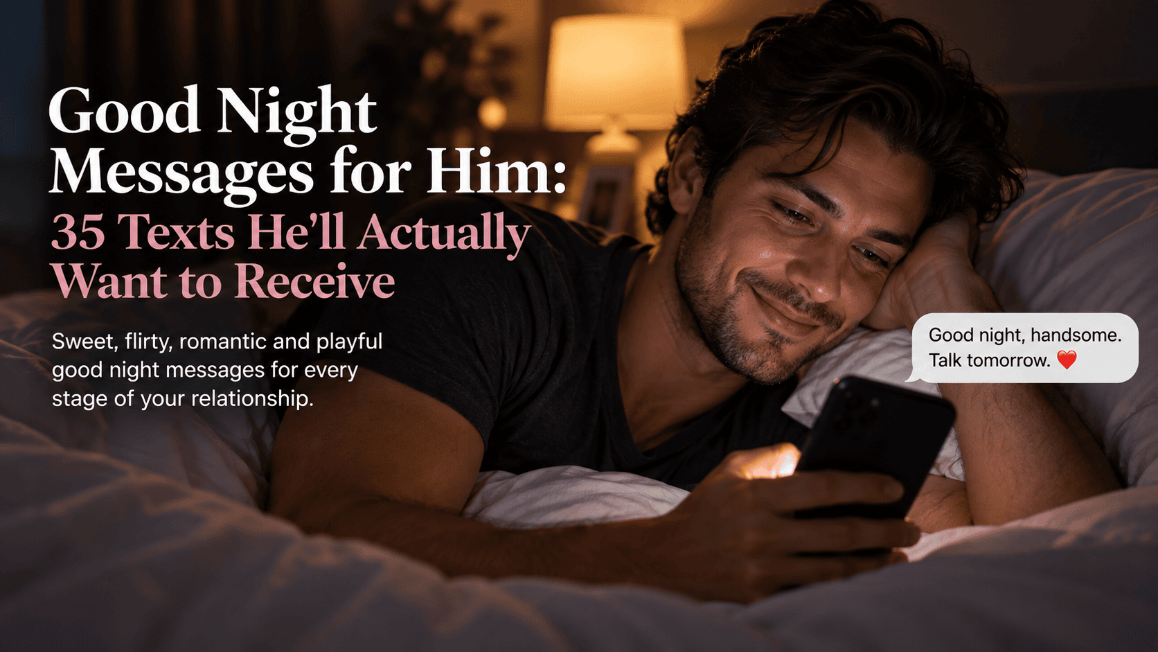 a man looking at a text message from a woman and smiling,