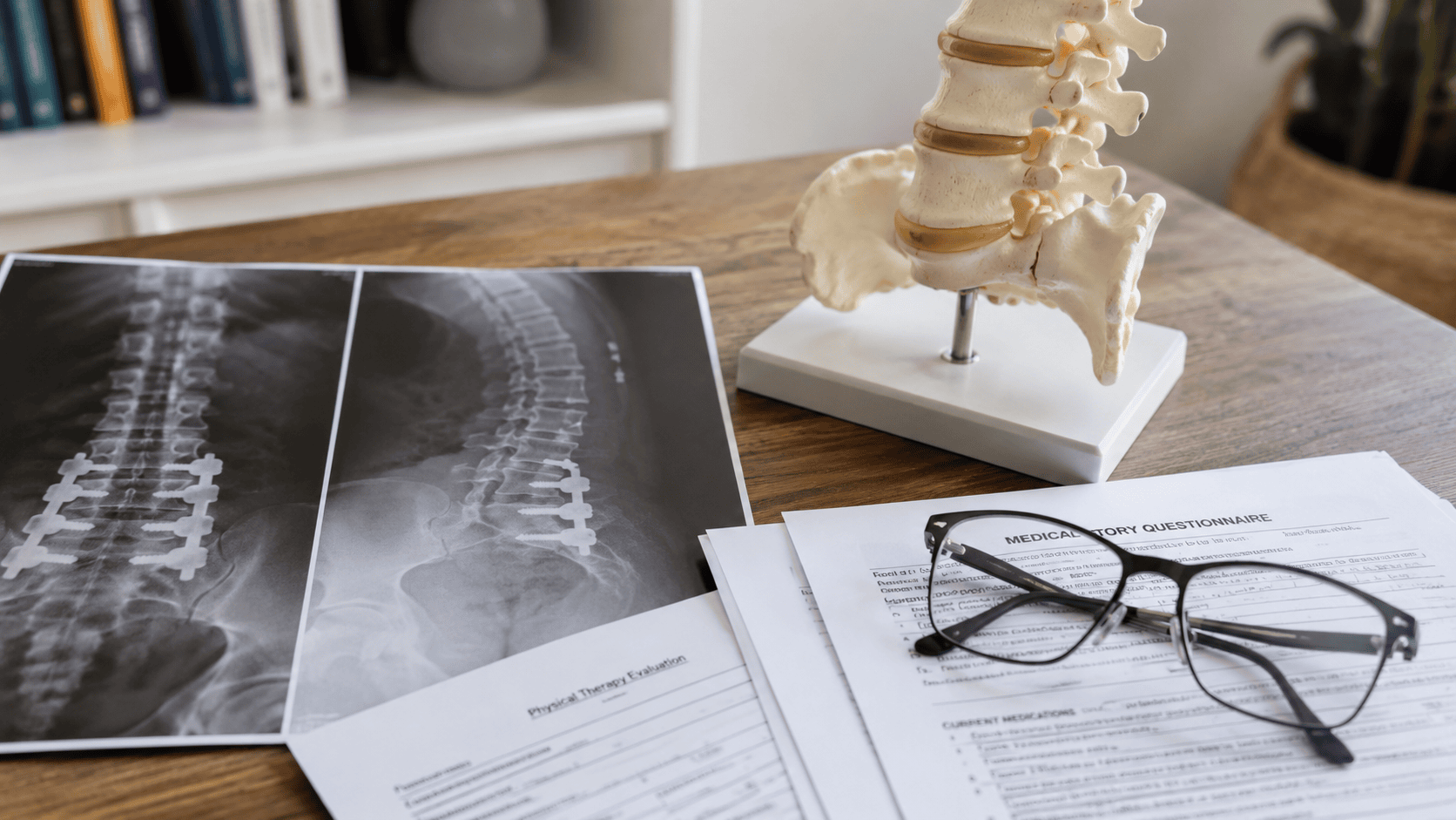 Spinal X-rays on a desk beside a lumbar spine model, reading glasses, and a medical history questionnaire