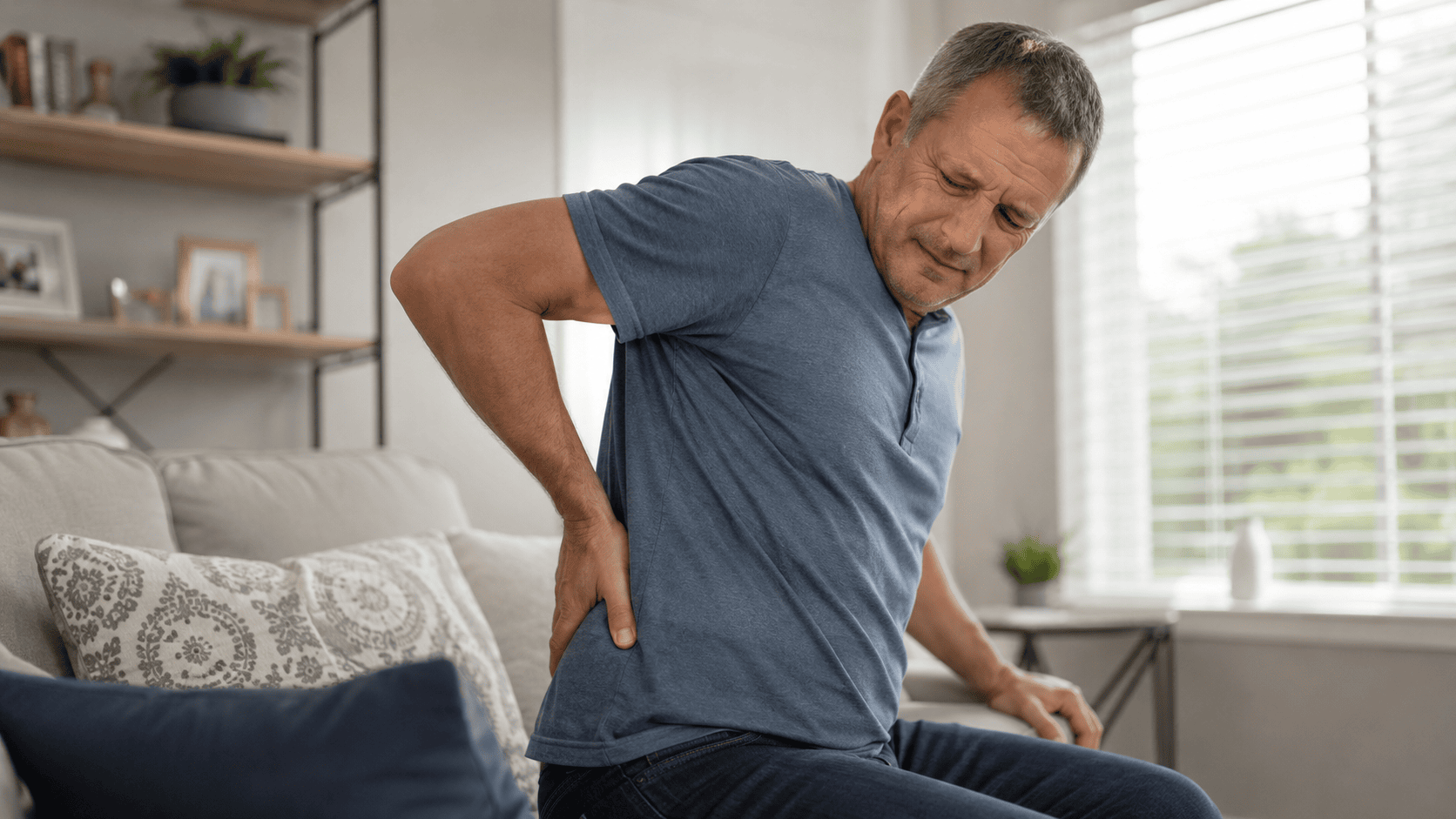 Middle-aged man sitting on a couch holding his lower back in discomfort