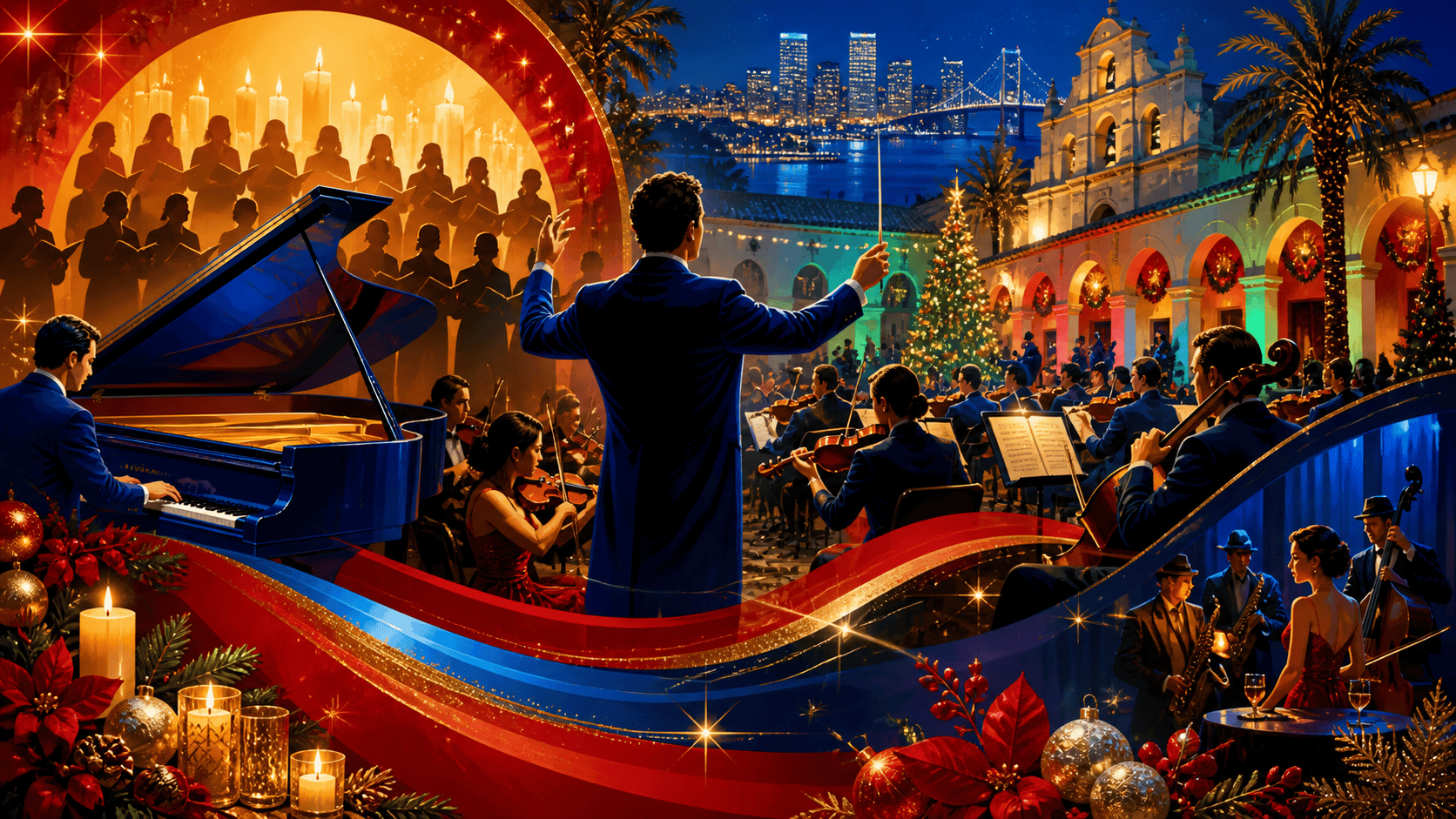 Festive illustrated collage of candlelight choir, orchestra, holiday gala, and jazz piano