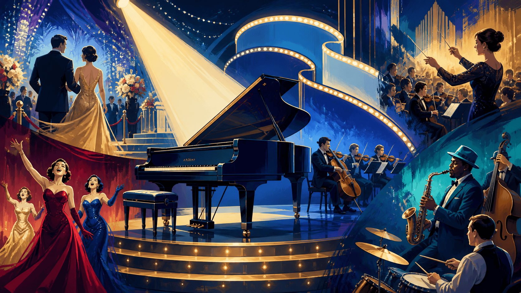 Illustrated collage of a gala concert, Broadway singers, orchestra, piano, and jazz ensemble