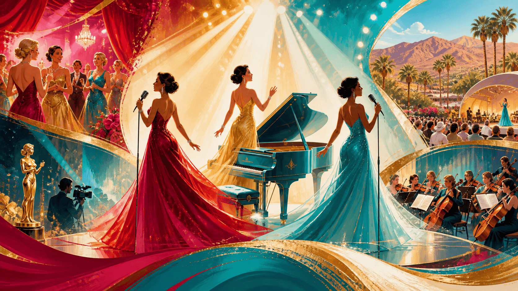 Illustrated collage of Broadway singers, awards night, desert concert, orchestra, and piano