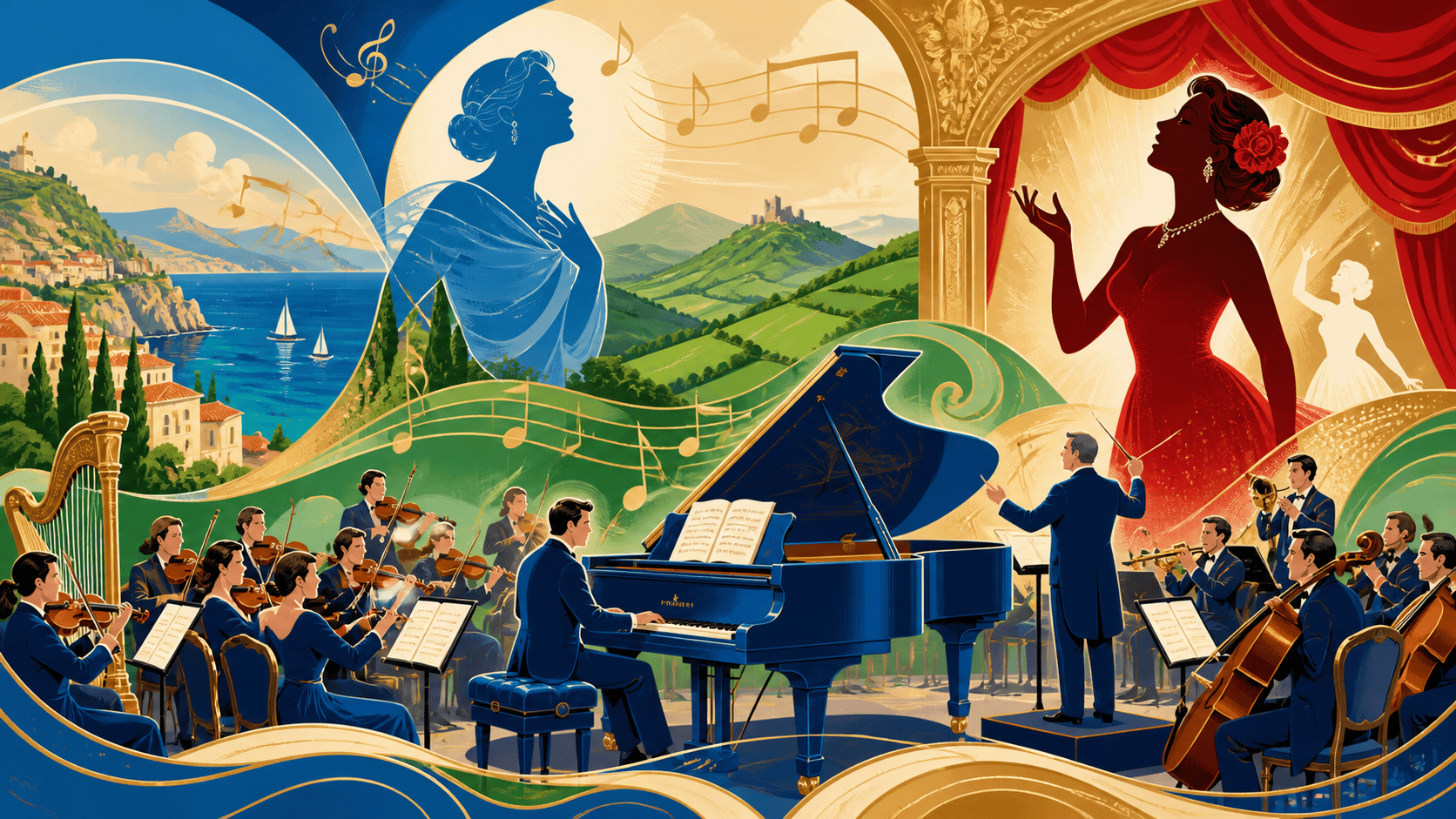 Illustrated collage of Italian and Irish scenery, theater singers, orchestra, and grand piano