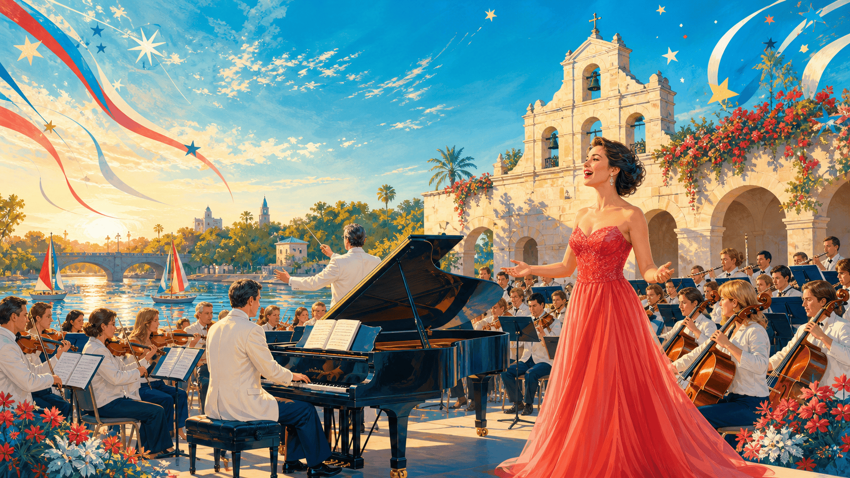 Bright outdoor orchestra concert with grand piano, mission arches, river, and soprano