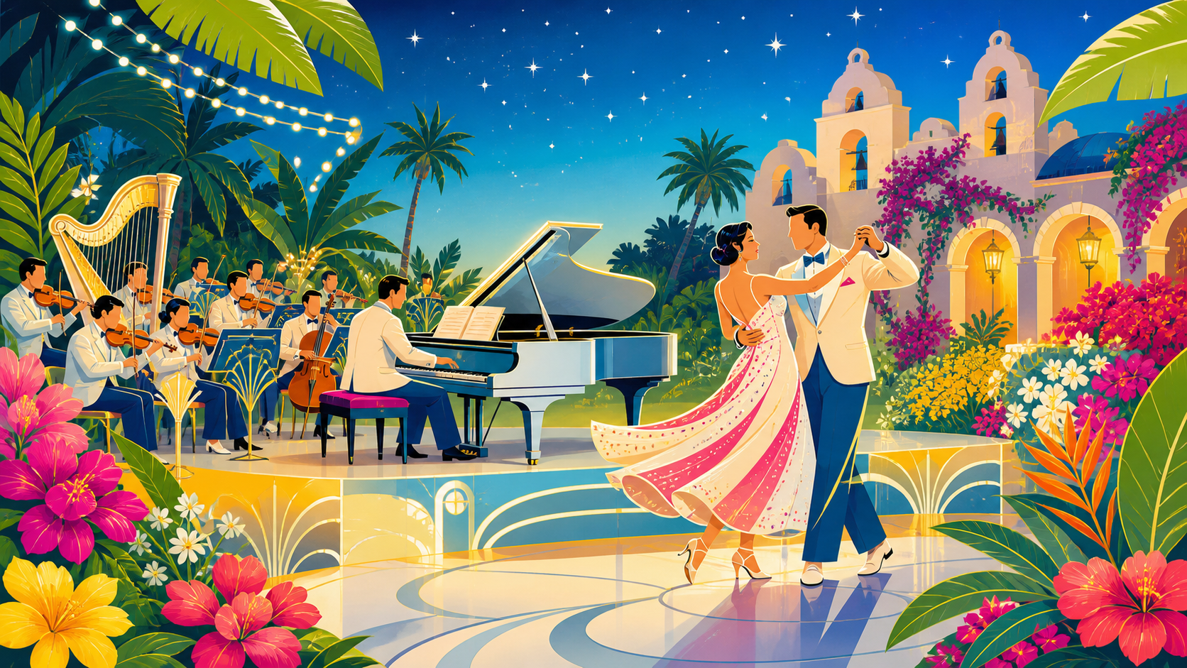Summer garden pops concert with dancers, orchestra, piano, flowers, and mission arches