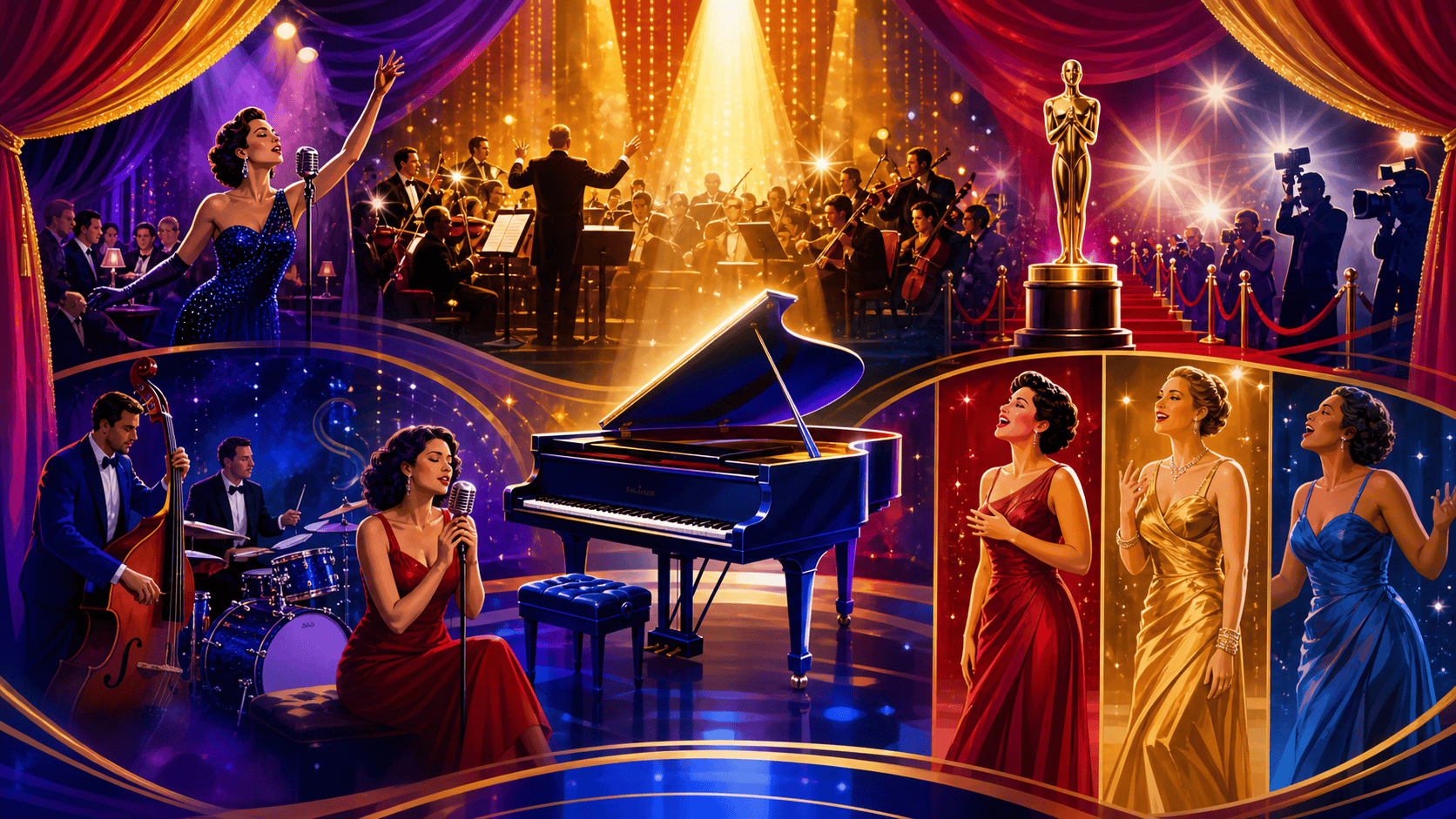Illustrated collage of cabaret, awards night, orchestra, piano, jazz, and Broadway singers