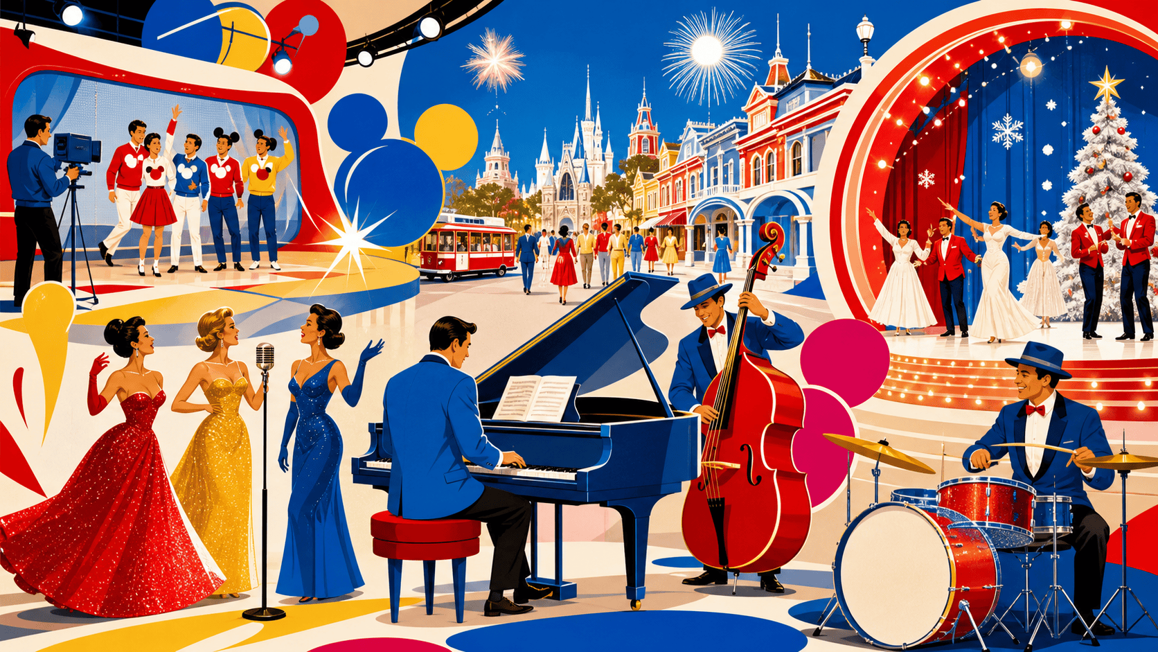 Colorful retro television, amusement park, jazz piano, Broadway singers, and holiday stage
