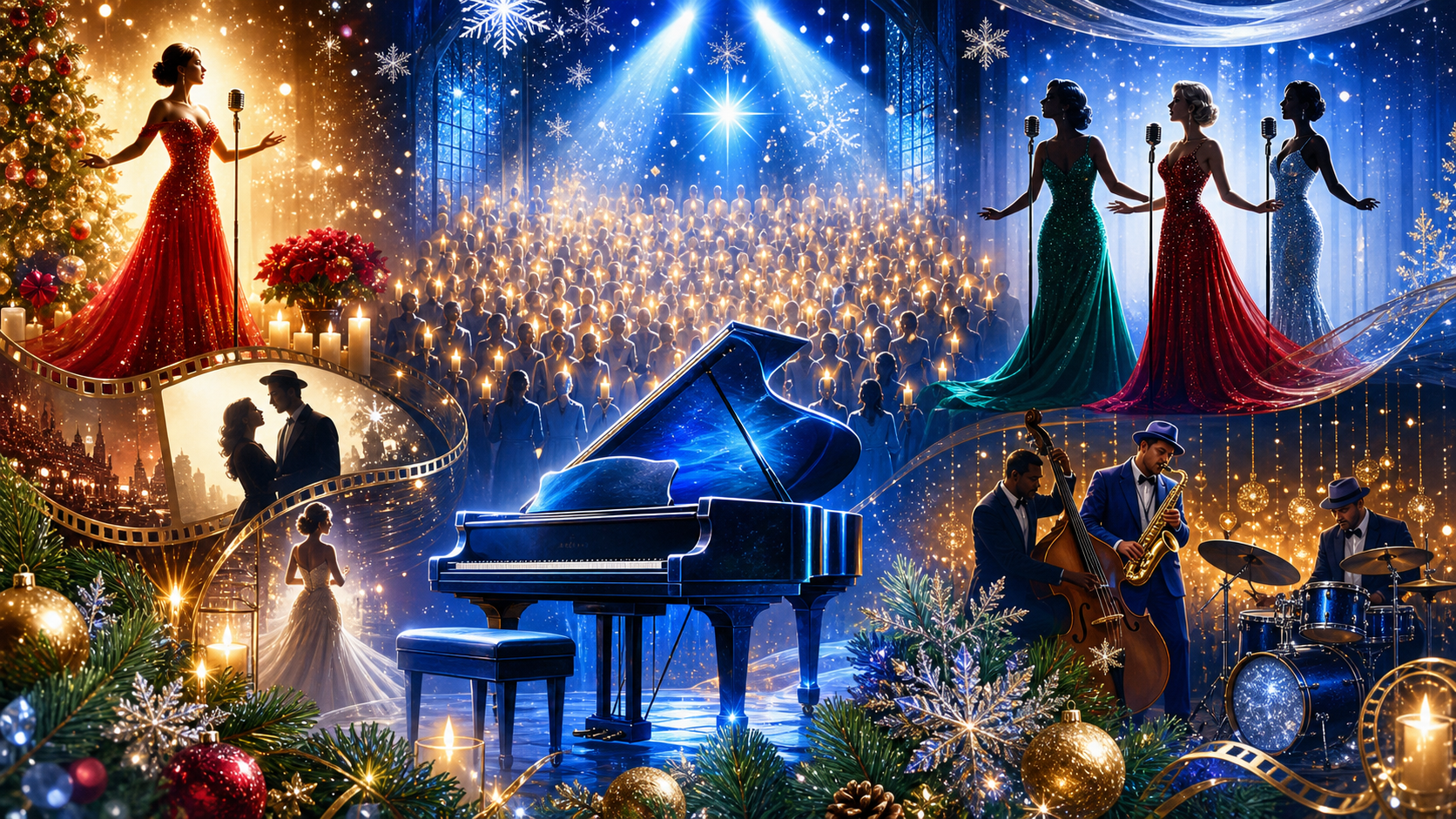 Festive illustrated collage of candlelight choir, Christmas gala, film, piano, and jazz